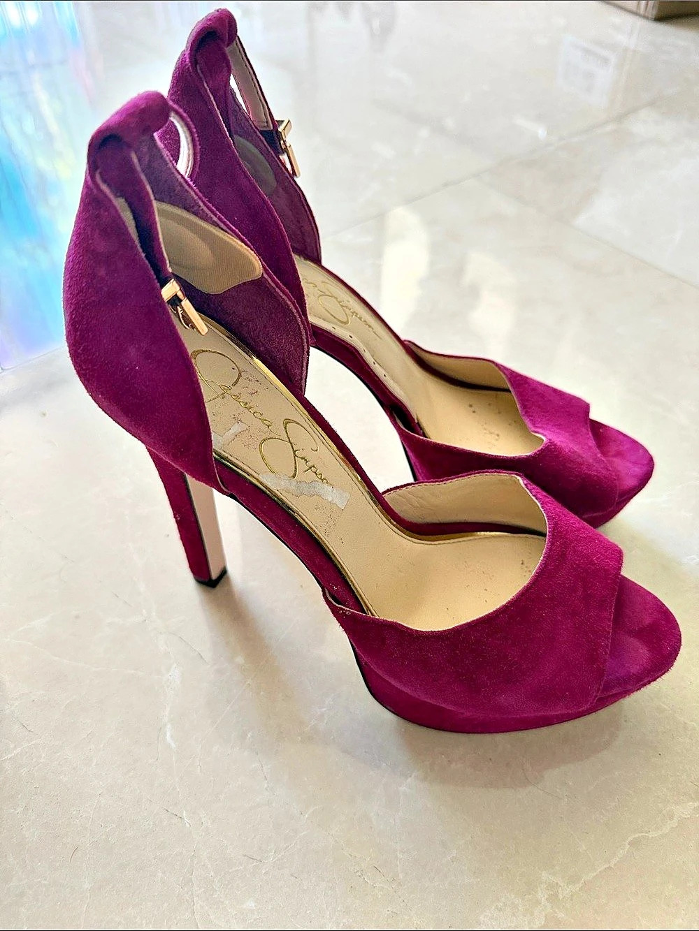 Jessica Simpson Suede-Look Peep Toe Heels in Purple